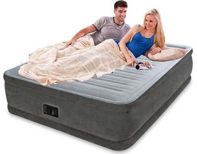 Двухспальная надувная флокированная кровать Intex 64414 серая, со встроенным насосом 220V, 203 х 152