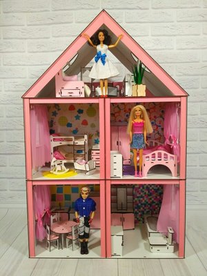 Кукольный крашенный домик Большой особняк Барби с мебелью,текстилем,обоями и шторками
