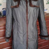 Saga furs шикарное стальное пальто-пуховик на тинсулейте с отделкой норкой 46-48р