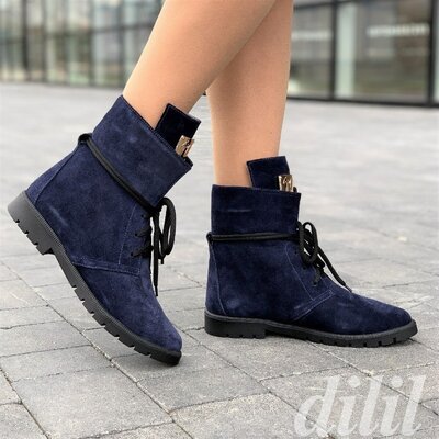 Ботинки женские зимние замшевые кожаные темно синие на шнурках, полуботинки
