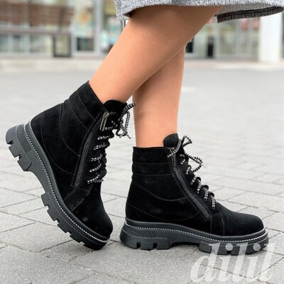 Ботинки женские зимние замшевые кожаные черные на шнурках, полуботинки