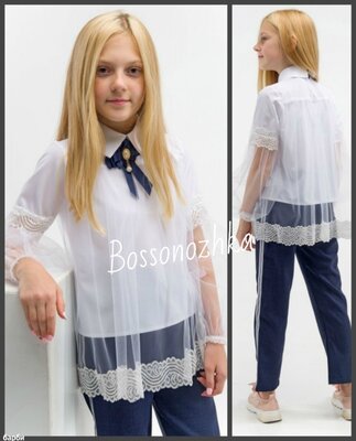 116-158, Біла святкова блузка для дівчинки шкільна. Нарядная блузка для девочки школьная