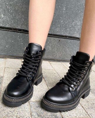 Женские чёрные натуральные кожаные зимние ботинки на шнуровке из кожи натуральная кожа