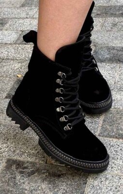 Женские чёрные натуральные замшевые зимние ботинки на шнуровке низкий ход из замши натуральная замша