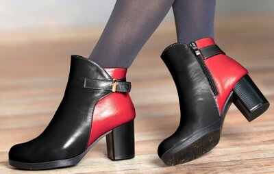 Женские чёрно красные натуральные кожаные ботинки ботильоны на каблуке натуральная кожа деми зима