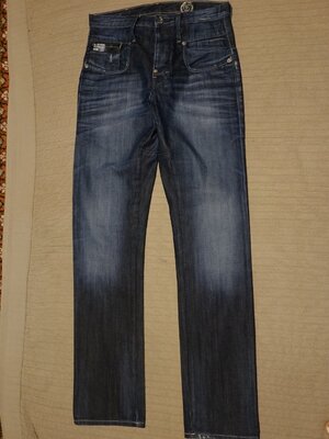 Узкие прямые темно-синие джинсы с выбеленностями и потертостями G-star raw Голландия 28/32 р.