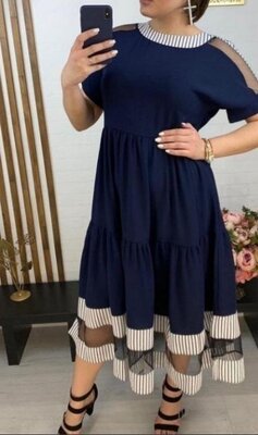 Платье женское свободное темно-синее полоска 36-70 размер