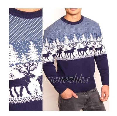 Чоловічий вязаний светр з оленями новорічний. Теплый мужской свитер с оленями новогодний