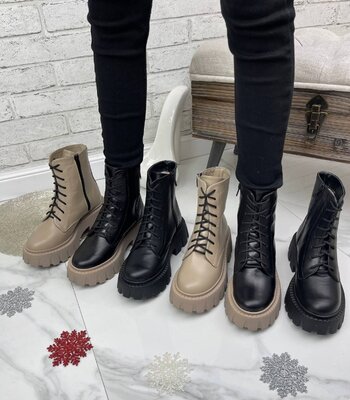 Зимние ботинки, натуральная кожа, черные и бежевые размеры 36-41