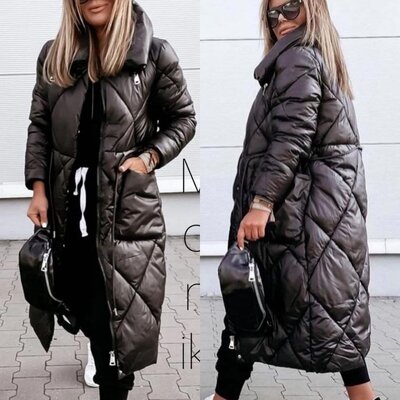 Продано: Зимнее длинное пальто стеганное куртка Ромбы с накладными карманами и высоким воротником