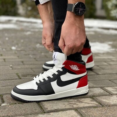 Кожаные зимние ботинки кроссовки Nike Jordan Aero на меху,черно белые с красным