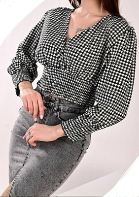 Стильная блуза женская кофточка гусинная лапка стильный принт модная хит укороченная велюровая