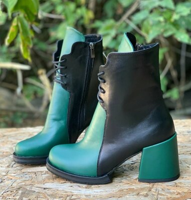 Женские зимние зелёные чёрные комбинированные натуральные кожаные ботинки  на среднем широком каблуке: 2650 грн - зимние ботинки в Киеве, объявление  №32118634 Клубок (ранее Клумба)