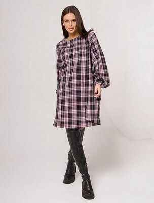 Продано: Черно-Розовое клетчатое платье трапеция И 13120