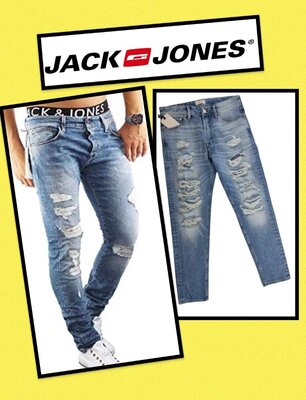 Голубые джинсы с потертостями с дырками tapered jack&jones 33, l