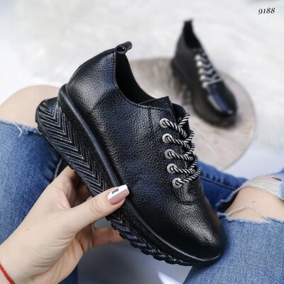 Чорні шкіряні кросівки, чорні кросовки, черные кожаные кроссовки, красовки 36-39р код 13230