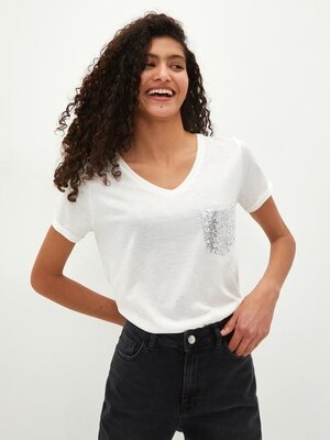 Белая женская футболка LC Waikiki/ЛС Вайкики с паетками на кармане. фирменная Турция