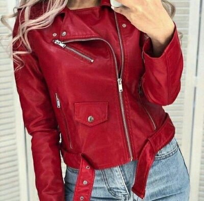 Розпродаж остання Жіноча стильна куртка еко-шкіра косуха кожаная женская куртка деми красная модная