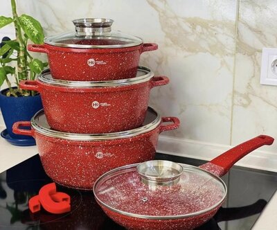 Набор кастрюль и сковорода Higher Kitchen HK-310 Красный Набор посуды с гранитным антипригарным покр