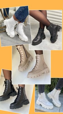 Ботинки зимние/ демисезонные 36-42 натуральная кожа кожаные бежевые бежевые белые чёрные на шнурках