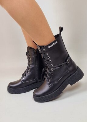 Шкіряні зимові черевички на шнурівці колір чорний