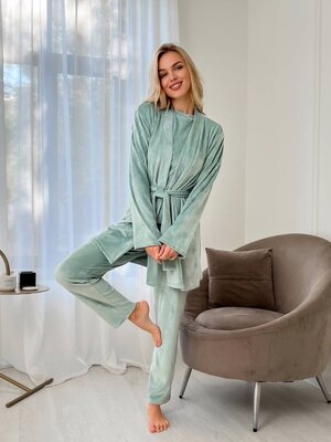 Женская пижама комплект 3 в 1 с халатом велюр